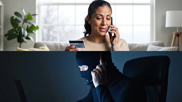  African-American woman holding credit card and talking on phone with scammer at home, senior female victim of online crime, cyber fraud and internet financial scam concept