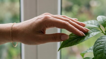 Gentle Touch: A human hand delicately caresses a vibrant green leaf, symbolizing care and connection with nature, highlighting the interplay between human and natural worlds.