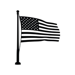 A black and white silhouette of the American flag waving on a flagpole, representing patriotism and national identity.