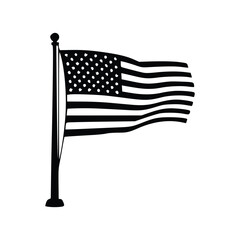 A black and white illustration of the American flag waving on a flagpole.