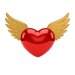 Winged red heart with golden wings against a white background