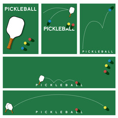 Pickleball background and layout set with paddle and balls in green background and white text and white dashed lines. 