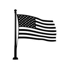 A black and white illustration of the American flag waving on a flagpole.