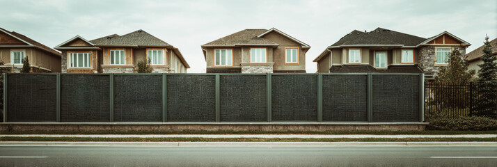 Dark textured panels form a soundproof barrier protecting a peaceful neighborhood from the noise of nearby traffic, enhancing the residential area's tranquility and comfort, banner
