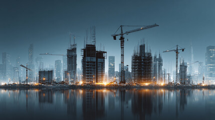 Fototapeta premium A city skyline with multiple construction cranes and buildings under development at dusk or night