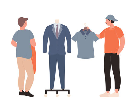 Shopaholics male characters buying clothes in store, guys standing near mannequin with suit vector illustration