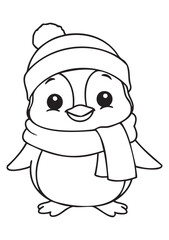 Cute Baby Penguin Coloring Page Wearing Winter Hat and Scarf, Adorable Holiday Animal Illustration for Kids, Cozy Christmas Line Art Design, Printable EPS Vector, Print Ready ISO A1