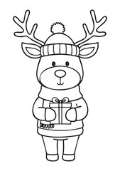 Vertical Coloring Page of a Cute Reindeer Standing and Holding a Gift Box, Wearing Winter Hat and Scarf, Festive Christmas Animal Line Art for Kids, Printable EPS Vector, ISO A1