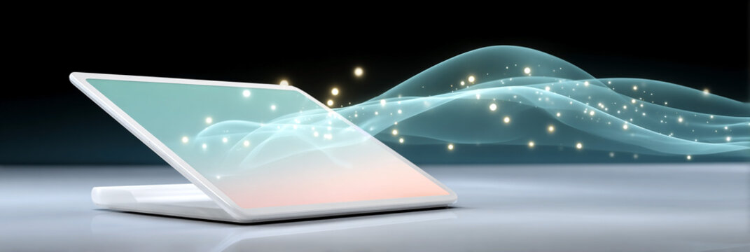 Futuristic laptop with glowing digital wave and light particles symbolizing data flow and technology - Powered by Adobe