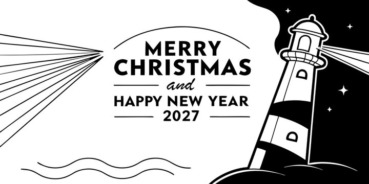 USA, US, U.S, United States - Merry christmas and happy new year 2027 illustration featuring lighthouse and glowing light beams christmas lighthouse greeting illustration celebration