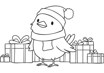 Cute Baby Crow Wearing Hat and Scarf Standing by Gift Boxes, Winter Holiday Kids Coloring Page, Adorable Animal Christmas Line Art Illustration, Printable EPS Vector, ISO A1