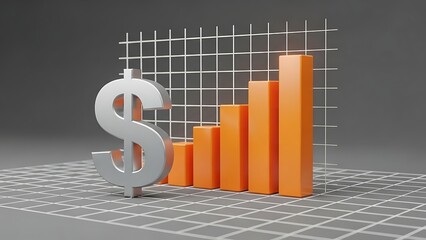 3 D dollar sign beside orange bar graph on grid background