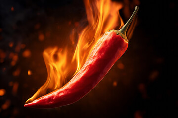 Red chili pepper engulfed in intense fire flames on black background