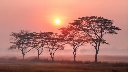 Silhouette trees at sunrise or sunset