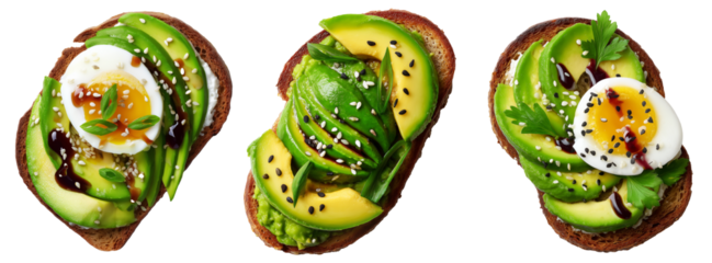 California avocado toast topped with ripe avocado slices, boiled egg, sesame seeds, herbs and sauce, isolated on white background