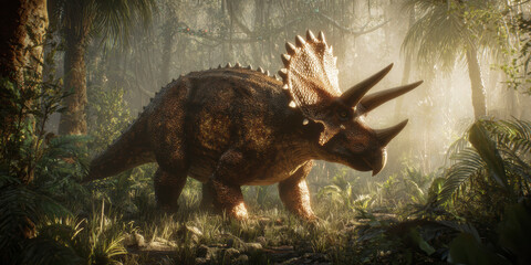 Obraz premium Triceratops in Prehistoric Jungle – AI Generative