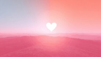 A serene landscape with a heart-shaped sun setting, casting a warm pink hue across the horizon, evoking feelings of love and tranquility.