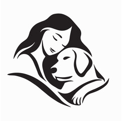 Happy Woman Hugging Golden Retriever Dog Logo Vector