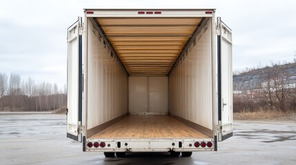 Empty truck trailer open doors outdoors