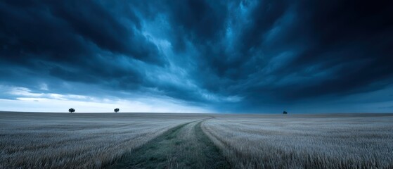 Vast field under stormy sky