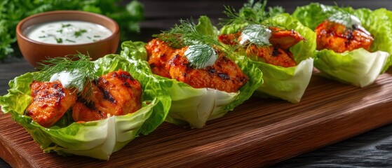 Grilled chicken in lettuce cups with sauce