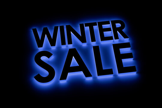 "WINTER SALE" text in 3d black on black with blue glow light effect around. Pure black around for easy expandability