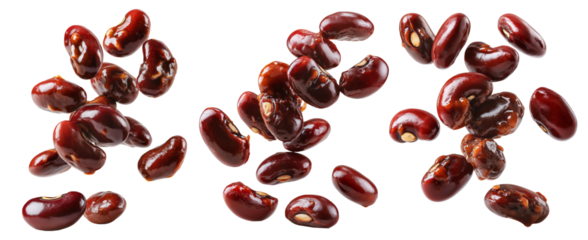 Cooked red kidney beans floating in mid-air, isolated on white background, Boston Baked Beans slow-cooked with molasses and pork