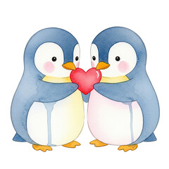 Two cute cartoon penguins holding a red heart in a sweet embrace