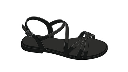 Elegant and minimalistic black strappy flat sandals with an ankle buckle, showcased on a pristine white background, perfect for simple summer footwear.
