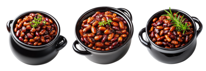 Cooked red kidney beans in black ceramic pot, isolated on white background, Boston Baked Beans slow-cooked with molasses and pork