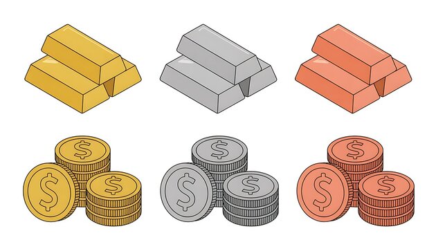 Precious metals and currency gold silver copper bars and illustration graphic design stacked coins