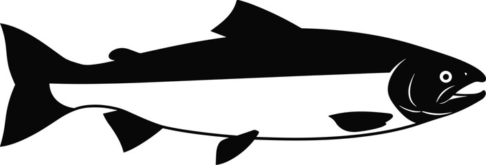 Fish silhouette illustration, marine animal icon, black seafood graphic design, fishing symbol isolated on white background, minimal vector artwork