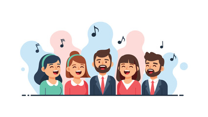 Diverse and cheerful group of people happily singing together, accompanied by floating musical notes, symbolizing joy, community, and shared passion for music.
