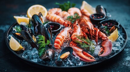Fresh seafood platter on ice