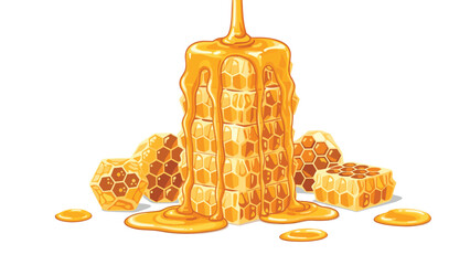 Luscious golden honey generously dripping over a tall stack of natural hexagonal honeycombs, evoking sweetness, nature, and pure organic goodness.