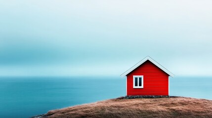 A striking minimalist photograph of a bright red house standing starkly against the serene blue ocean, depicting a sense of isolation and peaceful solitude in nature's beauty.