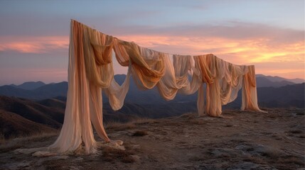 Warm fabrics draped against mountain sunset