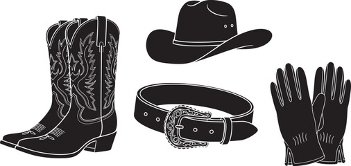 Western cowboy boots hat belt gloves isolated