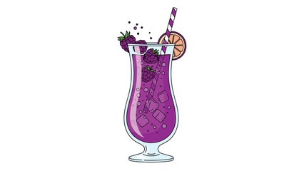 Inviting purple berry cocktail in a tall glass, adorned with ice cubes, fresh blackberries, and an orange slice, perfect for summer refreshments.