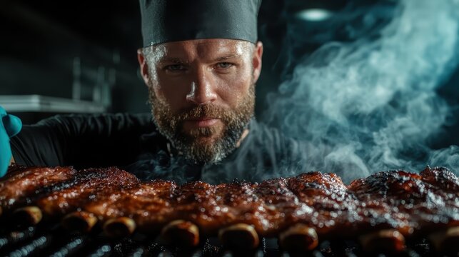 A focused chef, surrounded by smoke, skillfully grilling ribs, showcasing the savory texture and color of the meat, evoking a passion for culinary mastery.