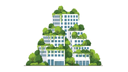 Innovative green buildings and eco-friendly architecture featuring lush trees and abundant greenery on rooftops and facades, symbolizing sustainable urban living.