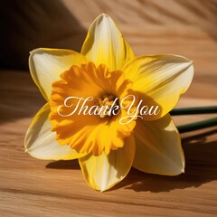 Beautiful yellow daffodil with thank you message on wooden table