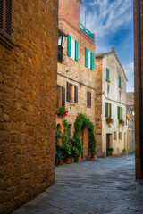 View of the architectural typology of the city of Pienza, in the province of Siena, Tuscany, Italy.