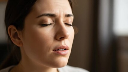 Woman performing focused breathing exercises to reduce stress and anxiety.