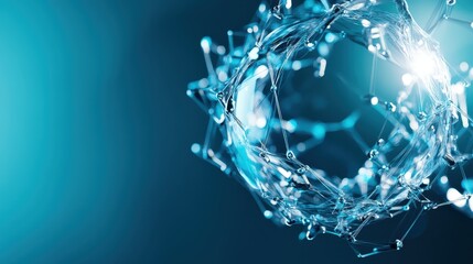 An artistic representation of an abstract molecular structure, showcasing interconnecting lines and light reflections, symbolizing innovation and complexity in science and technology.