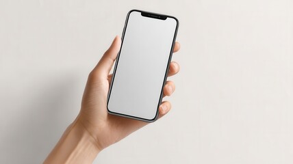 Person's hand holding a contemporary mobile device featuring an empty white generous screen and space copy