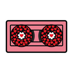 Cassette tape with heart pattern in pink color on white background with bold lines for retro music