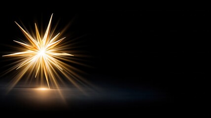 Bright starburst light effect radiating golden orange glow against dark background, abstract rays flare generating optical