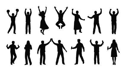 Silhouettes of people in various joyful poses celebrating and expressing excitement