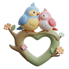 Two cute birds perched on a heart-shaped branch